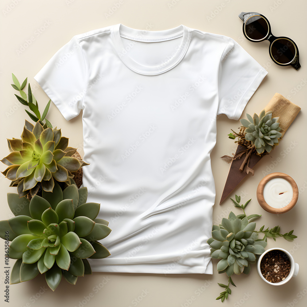 White T-shirt mock up surrounded by suculent plants, candles, sunglasses and flowers White T-shirt mock up surrounded by suculent plants, candles, sunglasses and flowers
