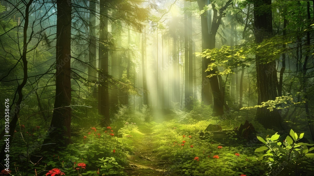 Obraz premium Sunbeams Through a Misty Forest