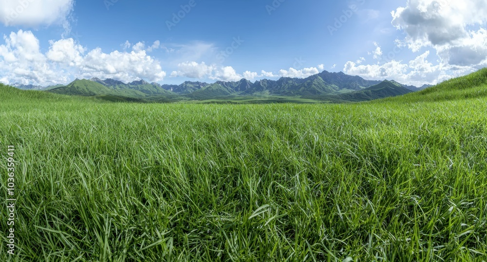 Fototapeta premium Panoramic view of lush green meadow with mountains in the background
