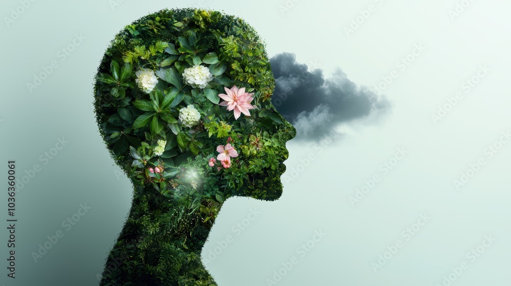 Lush green nature head with flowers Lush green nature head with flowers