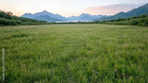 Scenic mountain landscape with green meadow at sunset