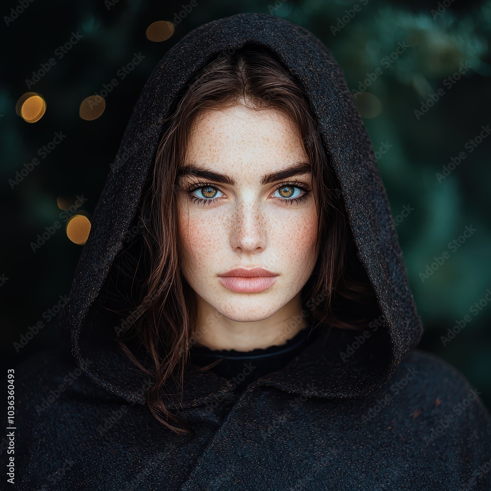 Mysterious woman in dark hooded cloak Mysterious woman in dark hooded cloak