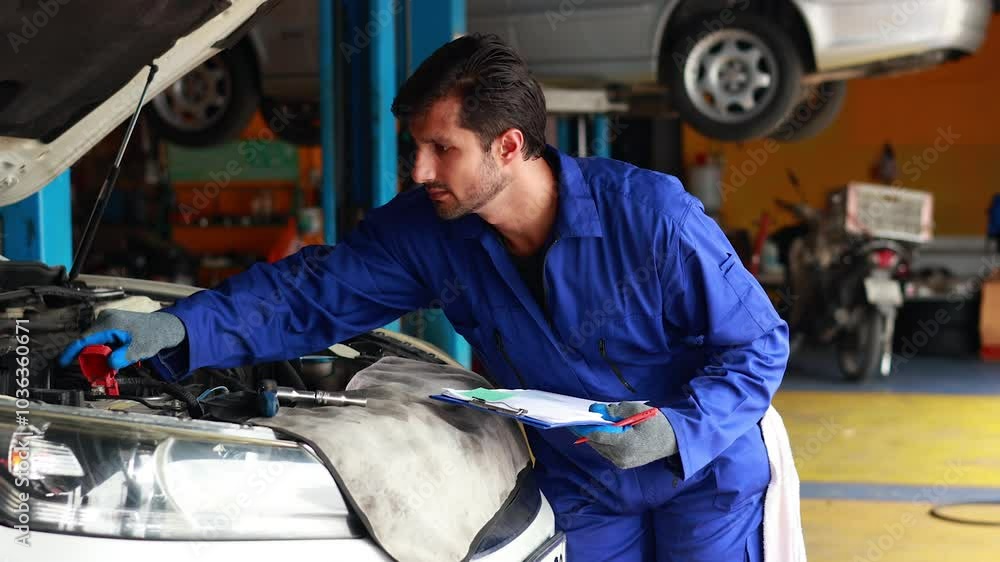 Hispanic latin man mechanic repairs car in garage. Car maintenance and auto service garage concept. Closeup hand and spanner. Insurance agent Hispanic latin man mechanic repairs car in garage. Car maintenance and auto service garage concept. Closeup hand and spanner. Insurance agent