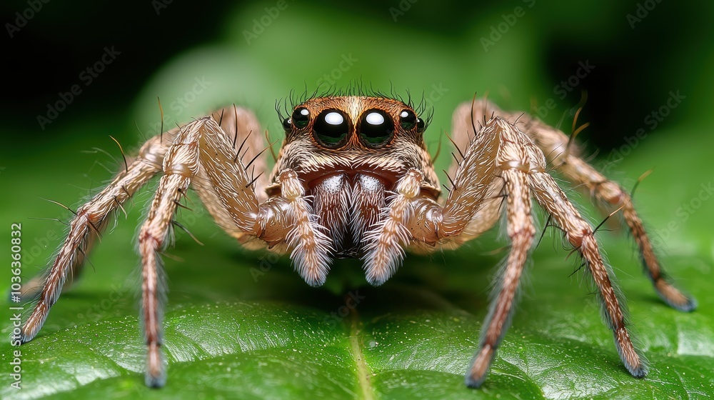 close-up of a jumping spider on a green leaf close-up of a jumping spider on a green leaf
