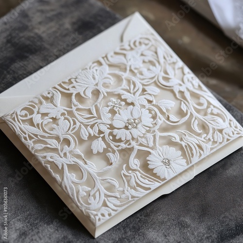 Intricate Floral Wedding Invitation:  A delicate and elegant wedding invitation, featuring a laser-cut design with intricate floral patterns, symbolizing love and new beginnings.