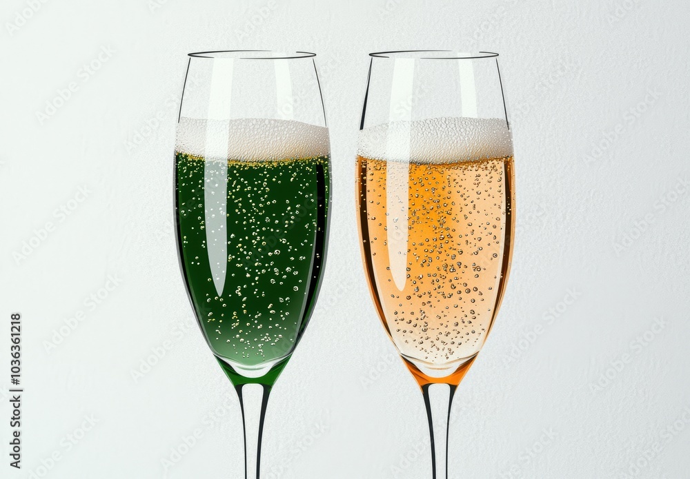 Sparkling wine glasses with green and orange bubbles Sparkling wine glasses with green and orange bubbles