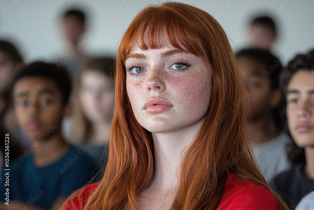 Obraz premium Thoughtful young woman with red hair and freckles