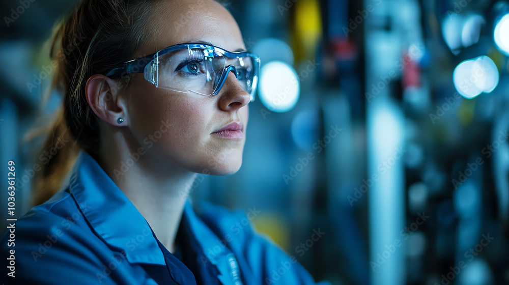 A focused female engineer wearing safety glasses in a high-tech environment, showcasing dedication and professionalism in her work. A focused female engineer wearing safety glasses in a high-tech environment, showcasing dedication and professionalism in her work.