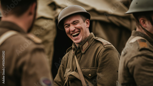 Soldier Sharing a Laugh While on Duty in 1914 War Zone