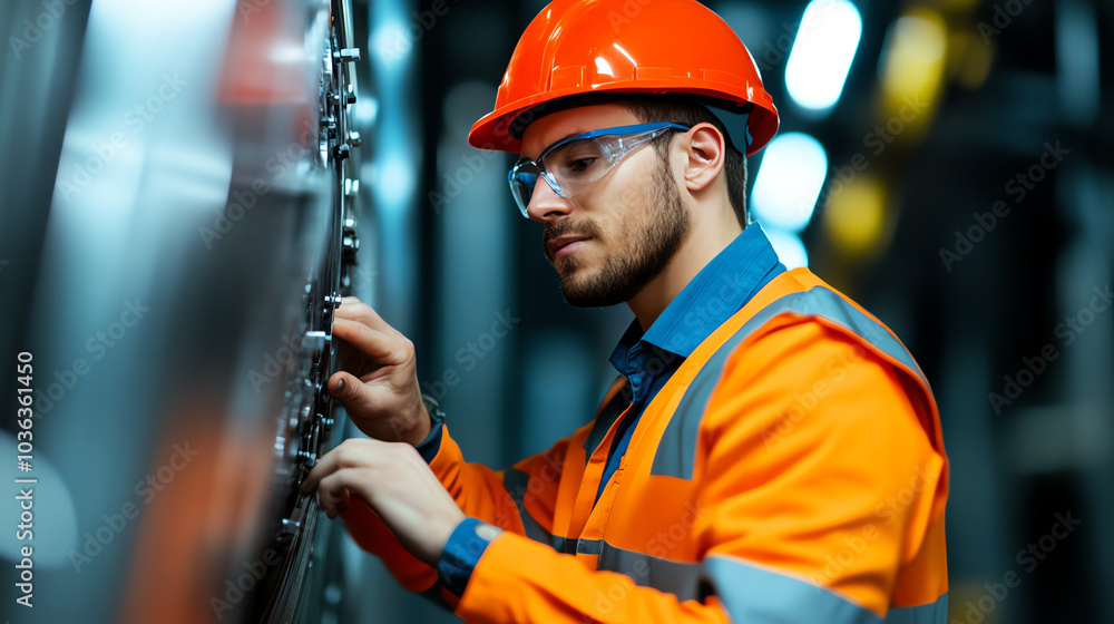 A focused male worker in an orange safety helmet and jacket, meticulously adjusting machinery in a modern industrial environment. A focused male worker in an orange safety helmet and jacket, meticulously adjusting machinery in a modern industrial environment.