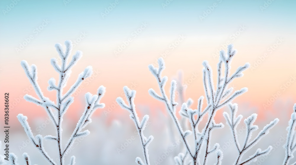 Frosty Tree Branches Covered in Icy Crystals Against Snowy Backdrop Frosty Tree Branches Covered in Icy Crystals Against Snowy Backdrop