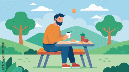 Sitting at a picnic table a man eagerly devours a healthy lunch a new habit he has formed in his wellness journey.. Vector illustration