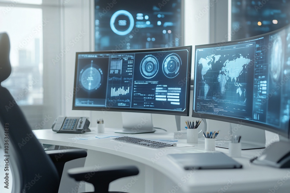 Futuristic Workspace with Holographic Screens Futuristic Workspace with Holographic Screens