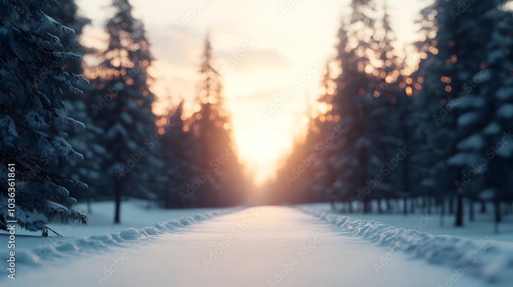 Enchanting Snow Covered Forest Path at Sunset with Warm Glow Enchanting Snow Covered Forest Path at Sunset with Warm Glow