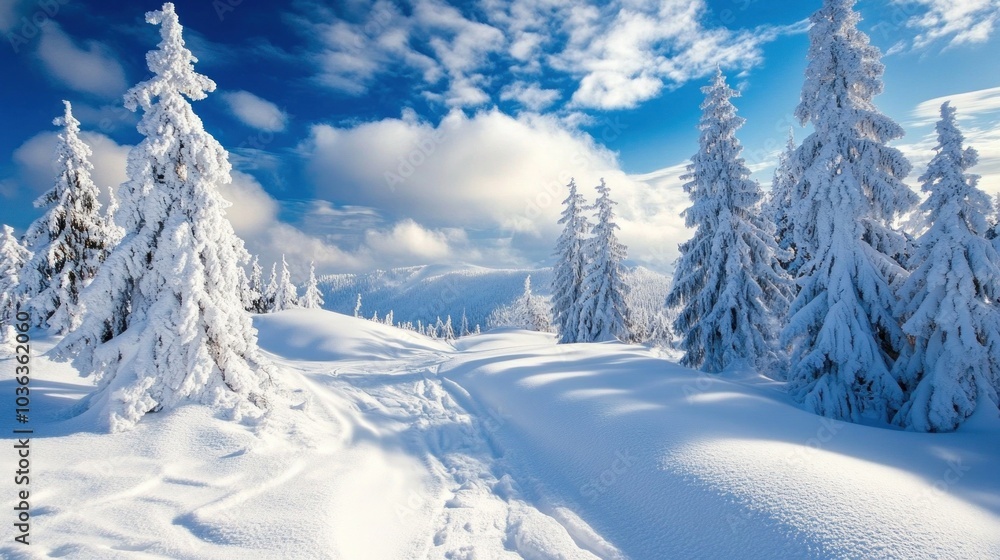 A serene winter landscape with snow-covered trees and a bright blue sky. A serene winter landscape with snow-covered trees and a bright blue sky.