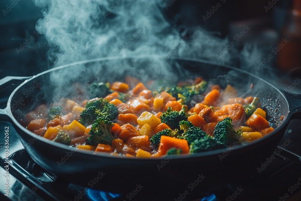 Close-up of a pan of steaming vegetables cooking on a stovetop. Close-up of a pan of steaming vegetables cooking on a stovetop.