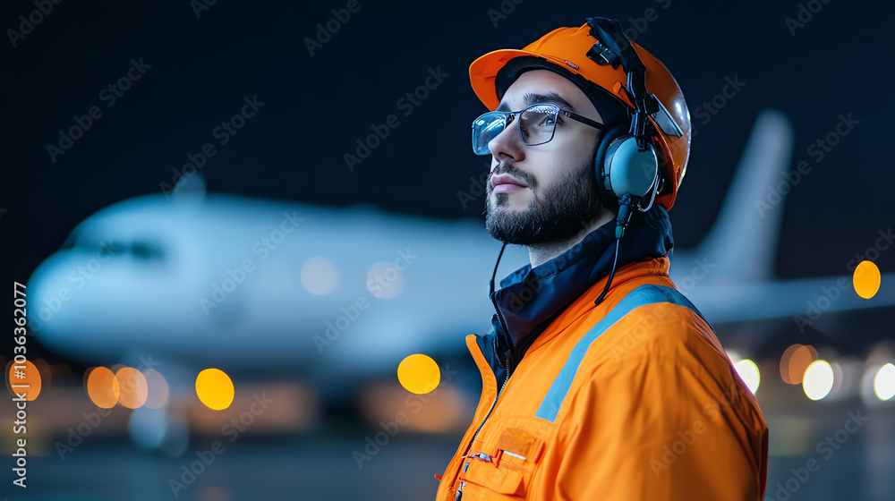 A male airport worker in an orange uniform with headphones, looking attentively at an airplane during the night, with blurred lights in the background.