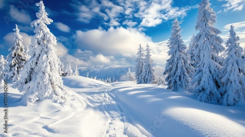 Wallpaper Mural A serene winter landscape with snow-covered trees and a bright blue sky. Torontodigital.ca