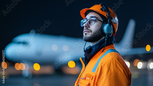 Obraz na płótnie A male airport worker in an orange uniform with headphones, looking attentively at an airplane during the night, with blurred lights in the background. w salonie