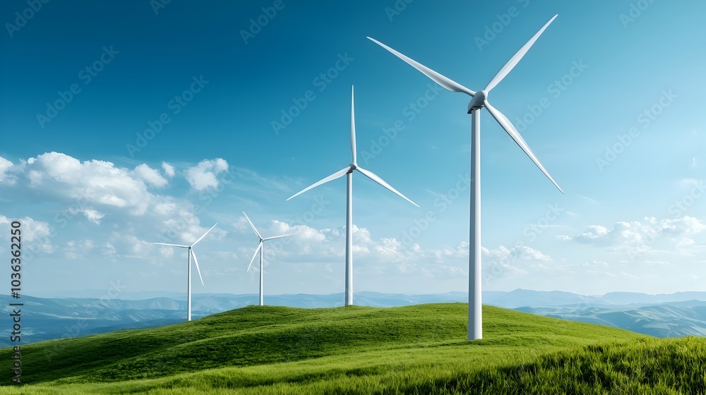 Wind Turbines on Scenic Rolling Hill Under Overcast Sky Wind Turbines on Scenic Rolling Hill Under Overcast Sky