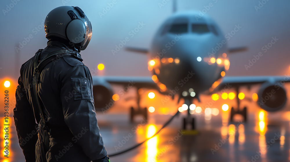 Fototapeta premium A military personnel in a flight suit prepares for takeoff near an aircraft on a rainy runway, illuminated by city lights in the background.