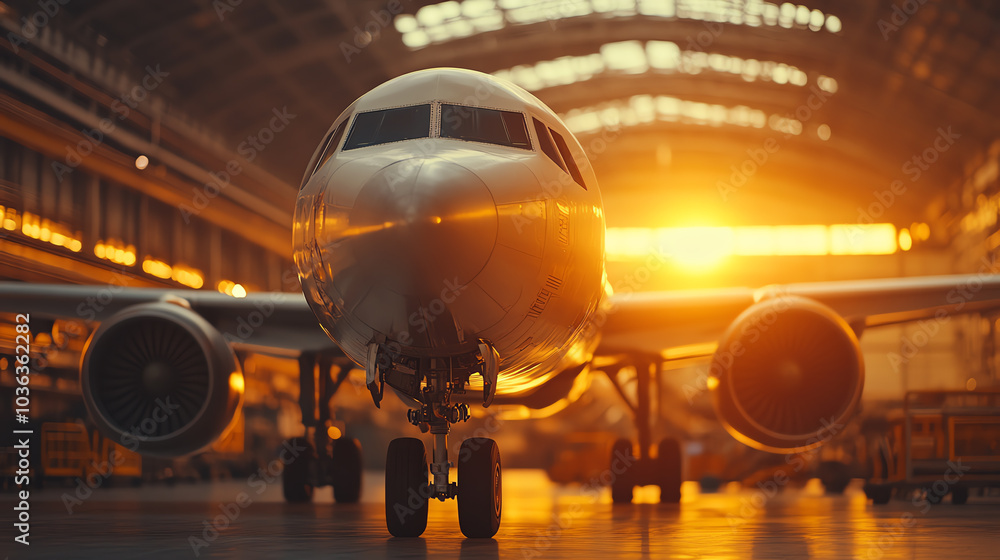 A modern airplane positioned in a hangar, illuminated by warm sunlight streaming through large windows, showcasing the beauty of aviation. A modern airplane positioned in a hangar, illuminated by warm sunlight streaming through large windows, showcasing the beauty of aviation.