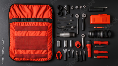 A neatly organized tool kit on a dark background, featuring various tools and accessories in vibrant red and black colors. photo