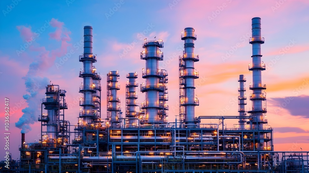 Illuminated Oil Refinery Towers at Vibrant Sunset with Rising Steam Illuminated Oil Refinery Towers at Vibrant Sunset with Rising Steam