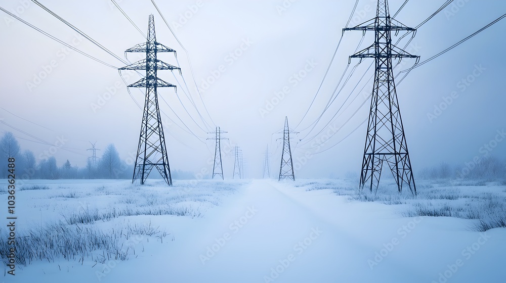 Sprawling Electric Power Lines Traversing Snowy Landscape in Winter Sprawling Electric Power Lines Traversing Snowy Landscape in Winter