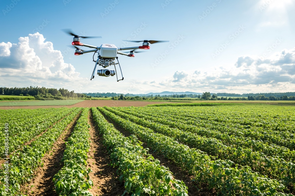 Modern Tech on Autonomous Farm with Drone in Sky Modern Tech on Autonomous Farm with Drone in Sky