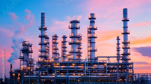 Wallpaper Mural Illuminated Oil Refinery Towers at Vibrant Sunset with Rising Steam Torontodigital.ca