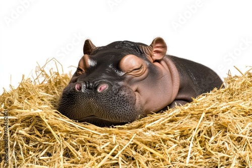 A pygmy hippo resting on a cozy bed of straw, with its eyes closed and a content smile on its face. The warm lighting accentuates its adorable features, creating a serene atmosphere.