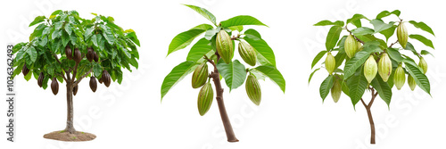 A cacao tree with broad, glossy green leaves and several hanging pods, isolated on a transparent background