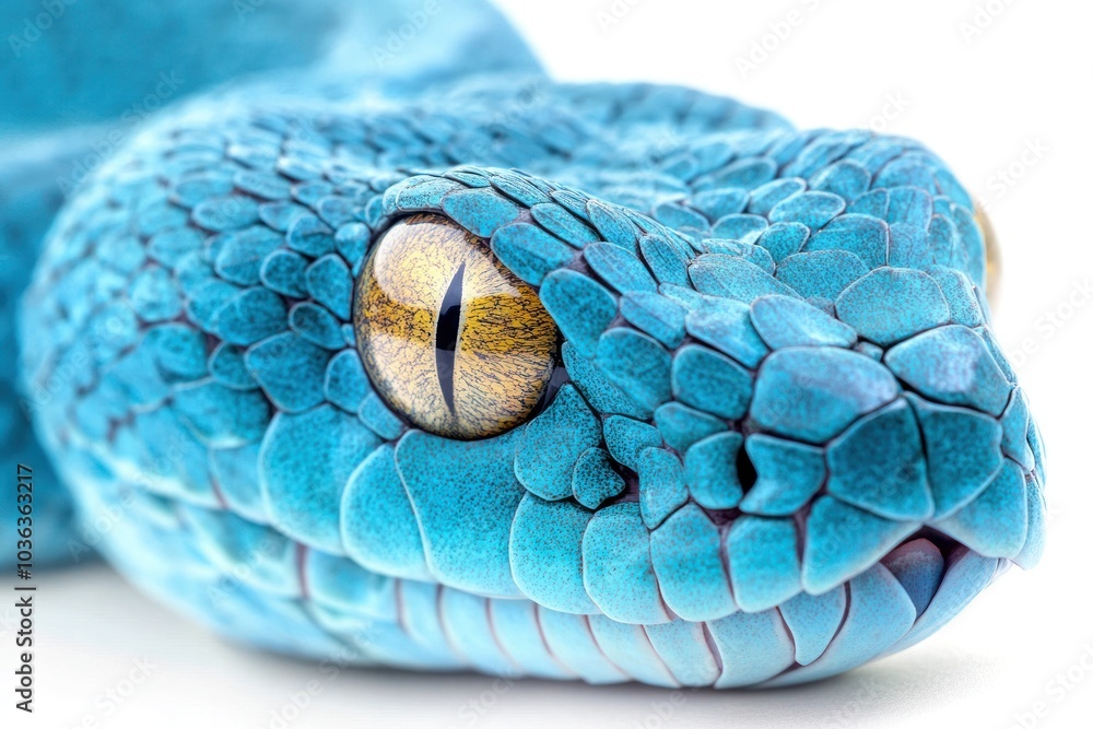 Fototapeta premium Macro shot of a blue viper snakes face showing its menacing eyes and textured blue scales.