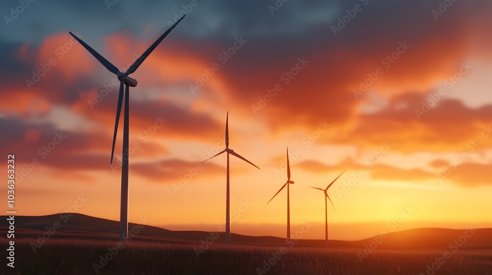 Massive wind turbines rotating against a golden sunset in a futuristic eco energy landscape Massive wind turbines rotating against a golden sunset in a futuristic eco energy landscape