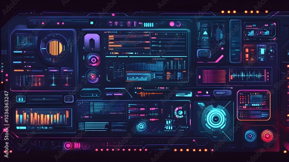 Futuristic Tech Interface With Neon Lights and Data Displays Futuristic Tech Interface With Neon Lights and Data Displays