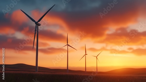 Massive wind turbines rotating against a golden sunset in a futuristic eco energy landscape