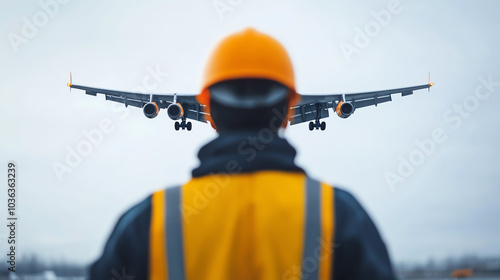 A worker in an orange hard hat and safety vest stands on an airfield, observing an airplane approaching for landing in an overcast sky.