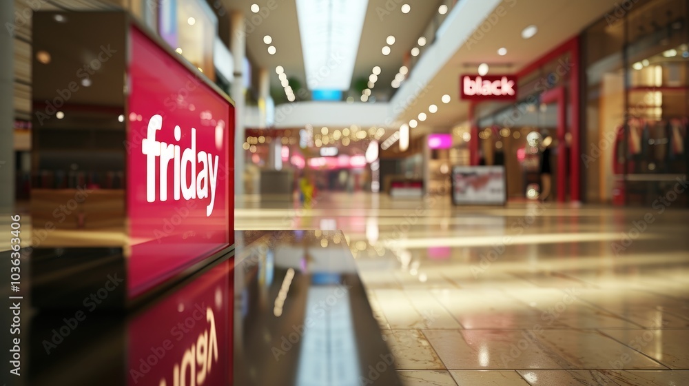 Black Friday text promotion displayed in a red lightbox banner inside a modern mall