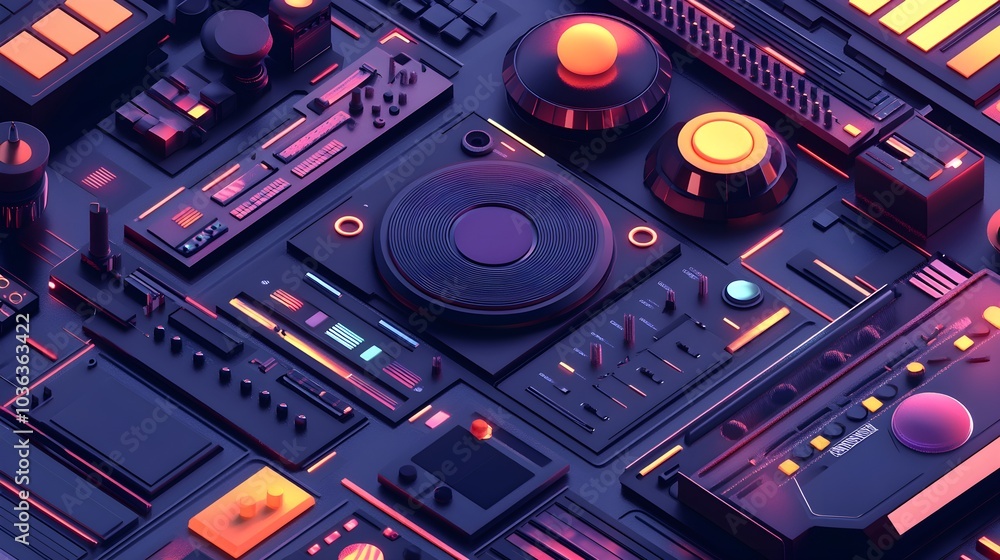 Fototapeta premium Abstract Technology Background with Neon Lights and Buttons