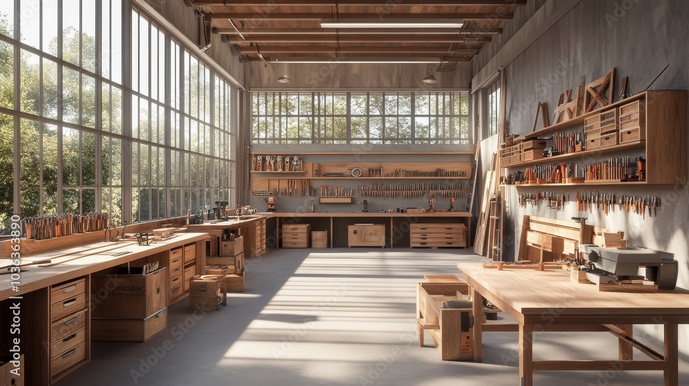 A spacious and well-lit woodworking workshop with large windows, wooden workbenches, tools, and shelves stocked with materials. A spacious and well-lit woodworking workshop with large windows, wooden workbenches, tools, and shelves stocked with materials.