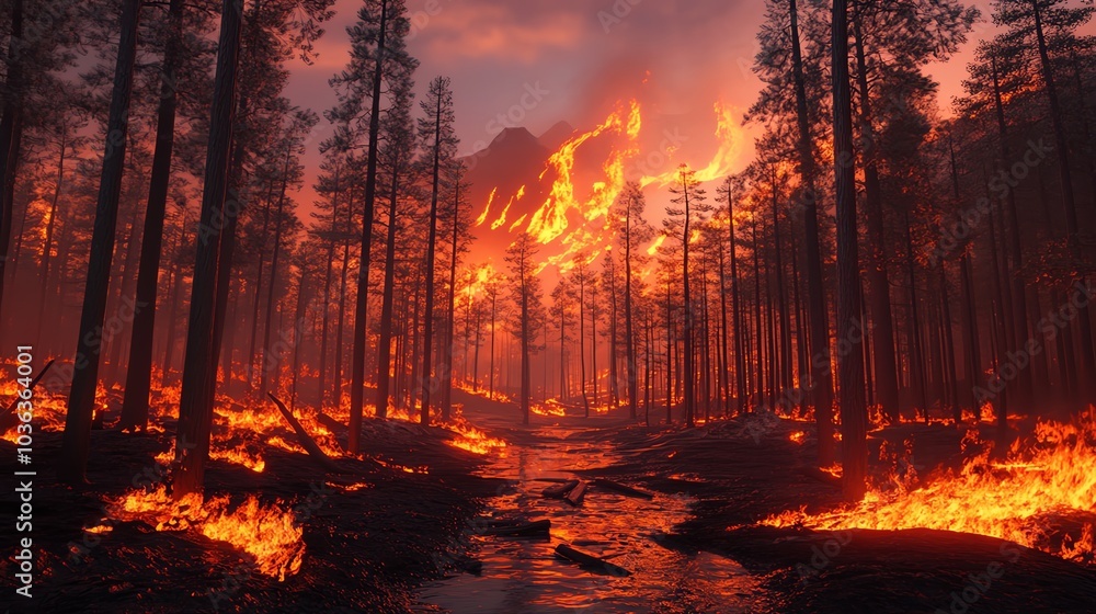 Raging forest fire engulfs towering trees under a dramatic sky, highlighting the fierce power and devastating impact of nature's fury. Raging forest fire engulfs towering trees under a dramatic sky, highlighting the fierce power and devastating impact of nature's fury.