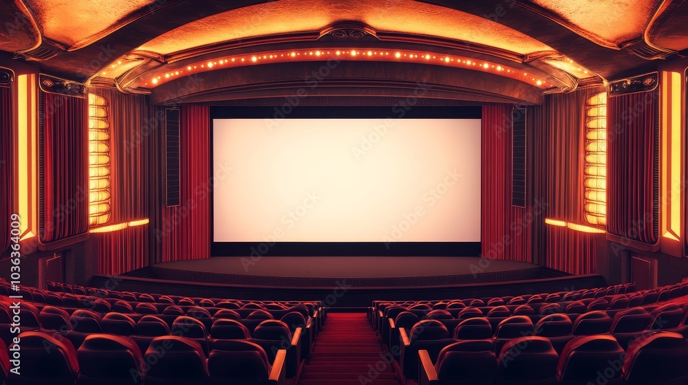 Fototapeta premium Empty theater with red seats and a large white screen.