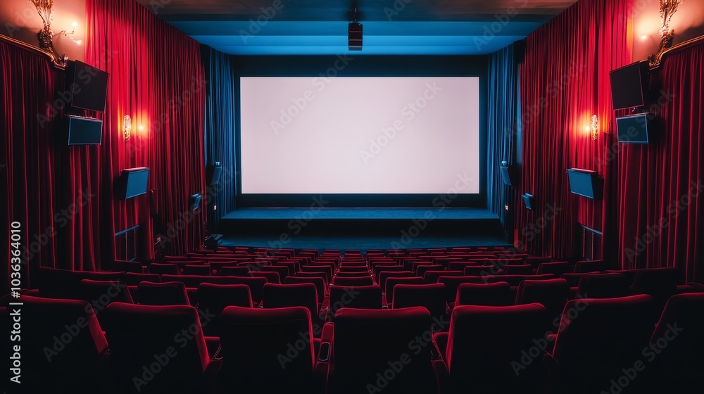 Fototapeta premium Empty movie theater with red seats, stage, and a blank screen.
