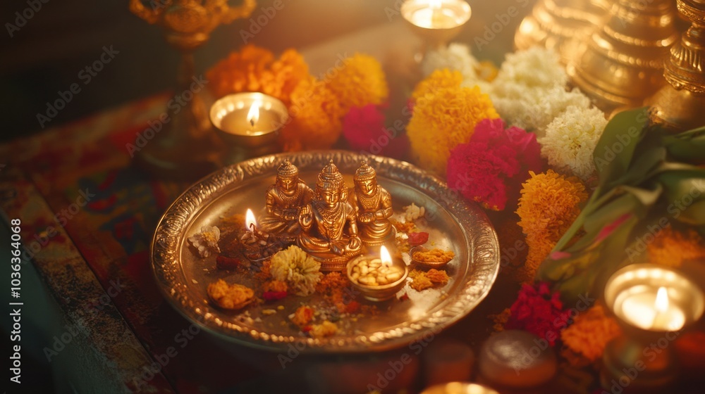 Divine Diwali Altar: Illuminated Deities Amidst Marigold Offerings Divine Diwali Altar: Illuminated Deities Amidst Marigold Offerings