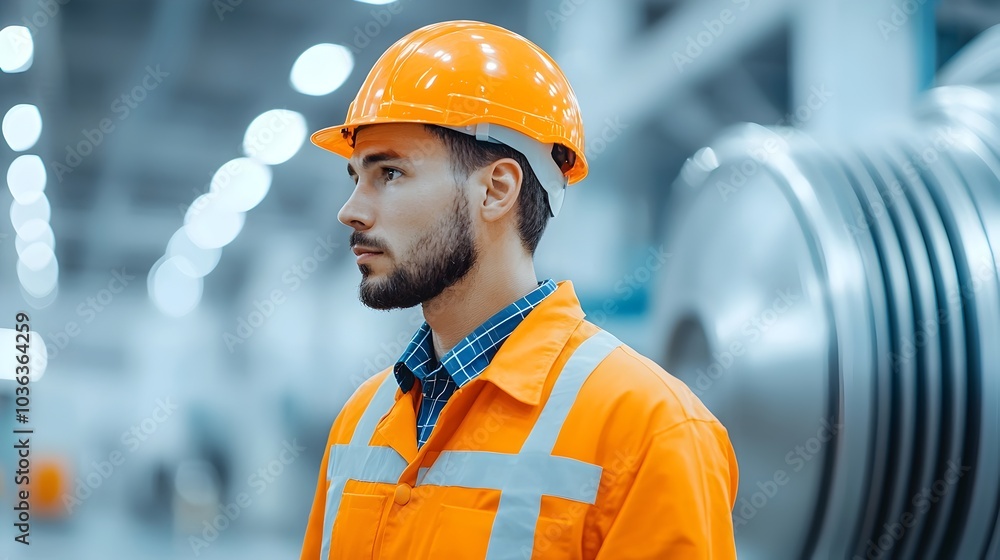 Engineer Inspecting Wind Turbine Blades in Modern Factory with Precise Details Engineer Inspecting Wind Turbine Blades in Modern Factory with Precise Details