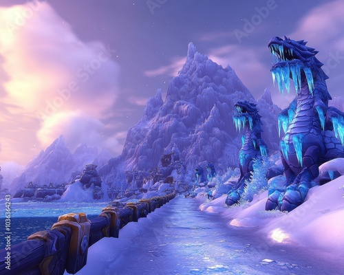 Magical Ice Dragons Guard Snowy Mountain Path in Fantasy Landscape with Serene Lake and Majestic Peaks Under Pink Sky at Sunrise photo