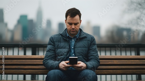 Man Searching for Job Opportunities on Smartphone While Sitting Alone on Urban Park Bench