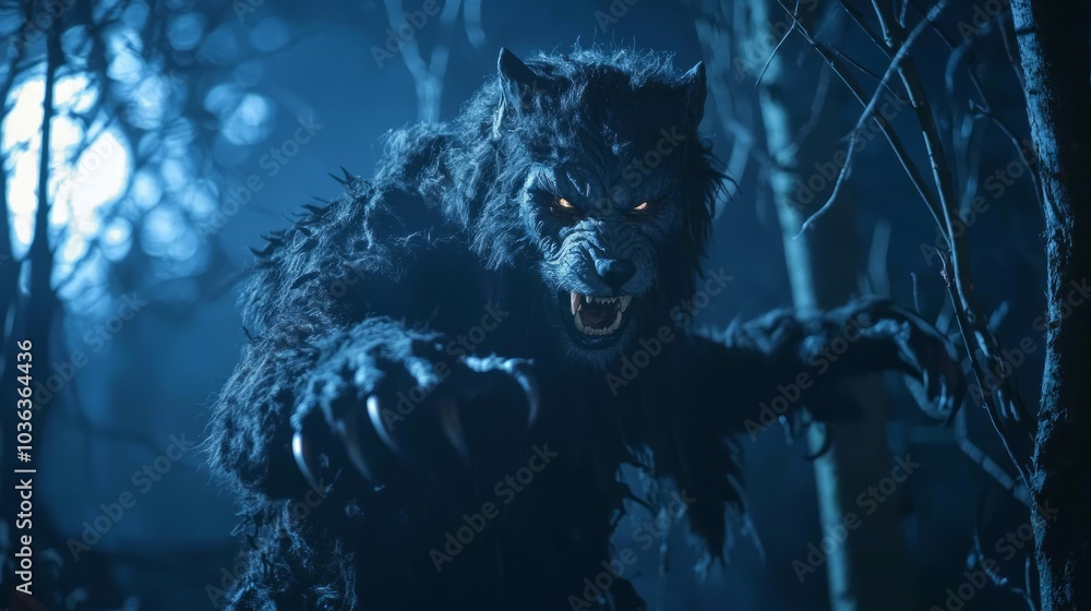 Moonlit Werewolf Transformation: Rugged Fur Suit and Fierce Makeup in Spooky Forest Setting Moonlit Werewolf Transformation: Rugged Fur Suit and Fierce Makeup in Spooky Forest Setting