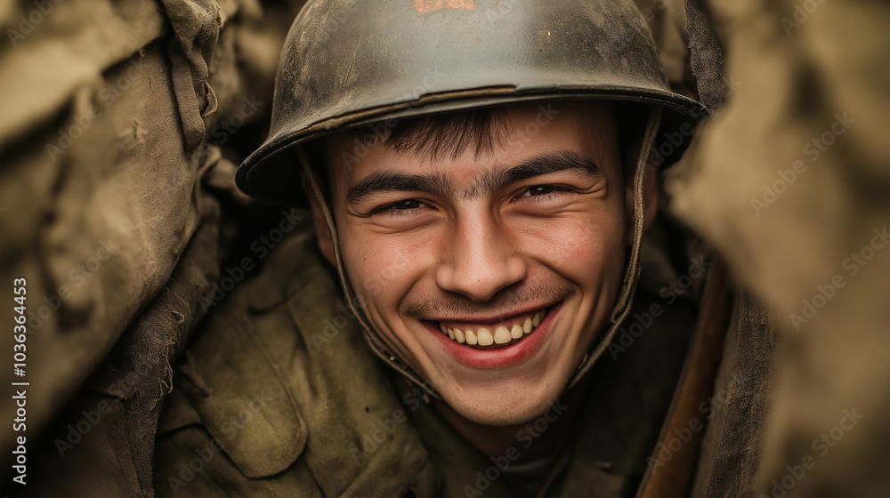 Soldier Showing Courage and a Smile in the 1914 War Trenches Soldier Showing Courage and a Smile in the 1914 War Trenches